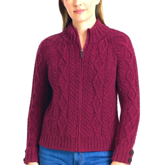 Inis Crafts Merino Wool Aran Cable Knit Zip Cardigan Sweater - Picture 12 of 12